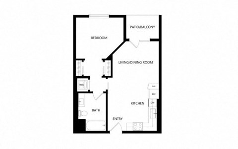 Floor plan for 1 bed, 1 bath, 609 sqft